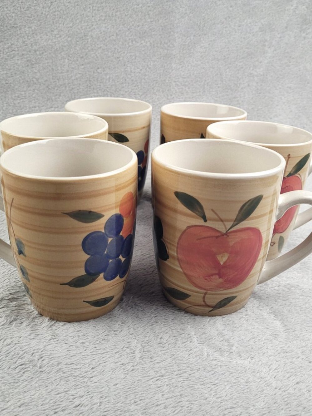Alco Industries Set 6 Coffee Tea Mug Cup Beige Fruit Grapes Tuscan VTG 1989/1993